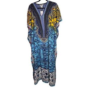 Blue Yellow and White Kaftan S-4X NWT